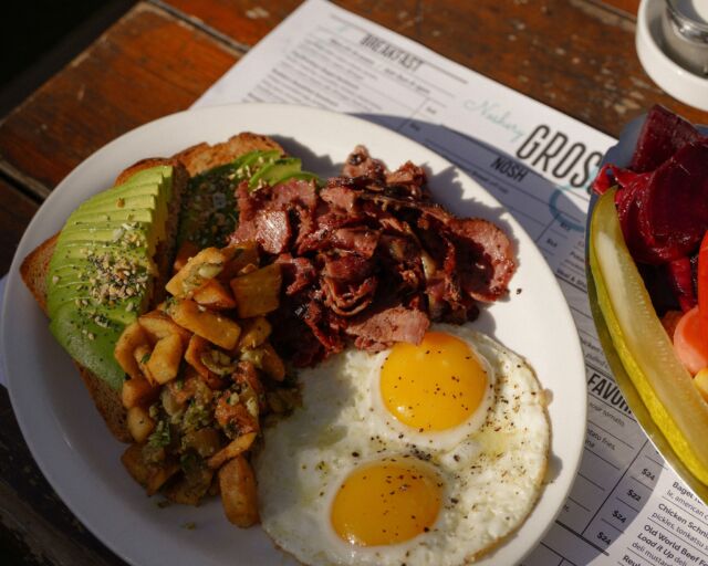 Terri's Favorite (and for good reason): 
Griddled house pastrami, two poached eggs, avocado toast with everything spice, and breakfast potatoes. 
Available daily for breakfast Monday-Friday from 8am to 11am, and for brunch on Saturday & Sunday from 8am to 2pm.