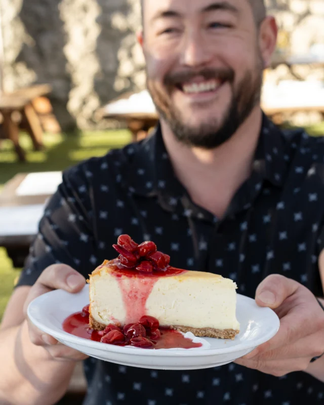 A classic NY Cheesecake for any occasion. 
Spiced graham cracker crust, cherries, sour cream whip. 🍒