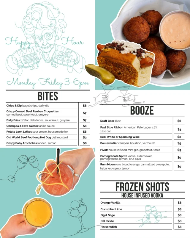 You asked… we’re bringing it back. 🎉

Happy Hour returns to Grossman’s starting Monday April 20th, running Monday–Friday from 3–6.

It’s been a while, and we know you’ve been waiting. The snacks you missed, the drinks you remember, and a reason to settle in for a proper nosh are all back where they belong. 🥨🍸

Pull up, order a few things for the table, say hi to your favorite faces, and let the afternoon do its thing.
