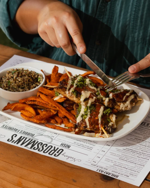 A little bit of everything, exactly where you want it.

Chicken Shawarma Kebabs with sweet potato fries, quinoa tabbouleh, red & green schug, and tahina.