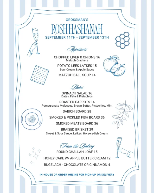 A sweet new year calls for a table full of good things. 🍎🍯

Rosh Hashanah pre-orders are officially live! Our holiday menu returns September 11–13 with braised brisket, matzoh ball soup, latkes, round challah, honey cake, rugelach and plenty more for the table.

Planning ahead? Place your order now through our website for pickup or delivery, and we’ll take care of the cooking when the holiday arrives.