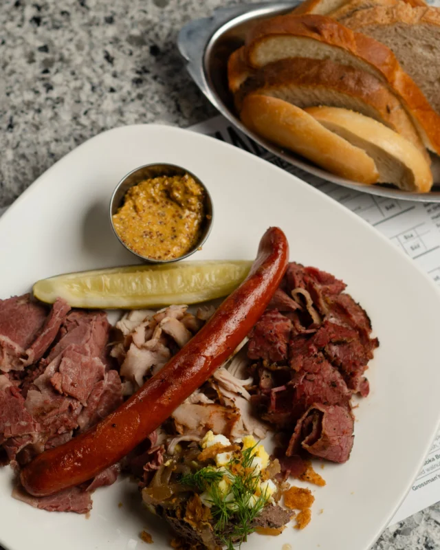 The snack board of your dreams:

pastrami, corned beef, smoked turkey, old world beef foot long hot dog, chopped chicken liver, GB bread basket